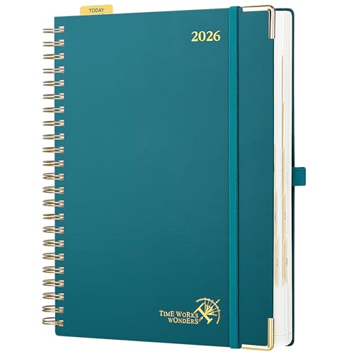 POPRUN 2026 Daily Planner One Page A Day - [A4 Large Size 8.25" x 12" -Spiral Hard Cover], Agenda 2026 Hourly Appointment Book with Monthly Calendar, Pen Holder, Ivory Paper -Pacific Green P