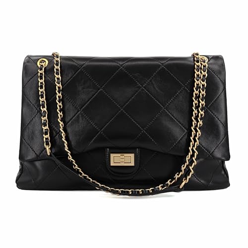 M-ioi-M Extra Large Quilted Oiled Leather Shoulder Bags for Women,Oversize Crossbody Flap Purse with Gold Chain Strap,Retro Messenger Bag,Classic Briefcase Tote Bag, Luxury Designer Handbag (Black,XL)