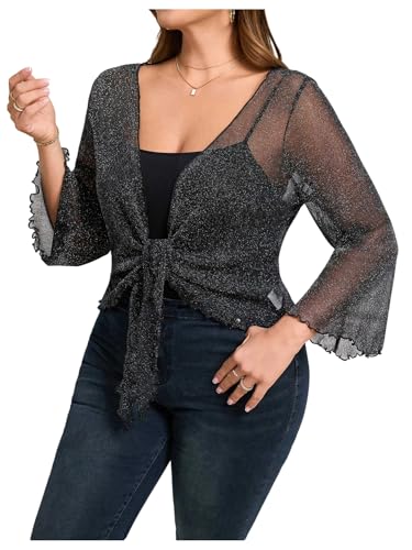 OYOANGLE Women's Plus Size Glitter Long Sleeve Sheer Tie Front Cardigans Party Lightweight Bolero Shrug