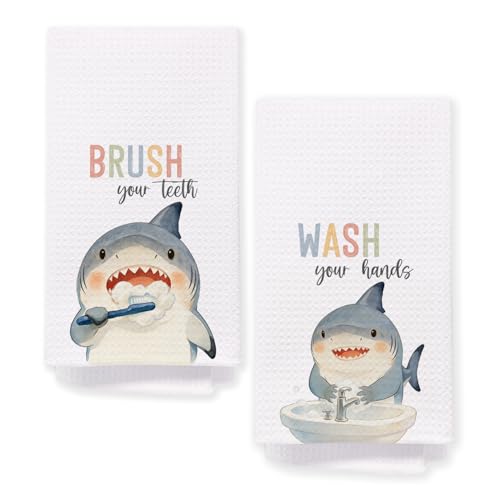 OJMFHEGEE Shark Kids Bathroom Hand Towels 16x24 Inch Set of 2, Shark Bathroom Decor, Coastal Marine Animal Decorative Hand Towels for Boys Girls Bath Room Washroom Restroom