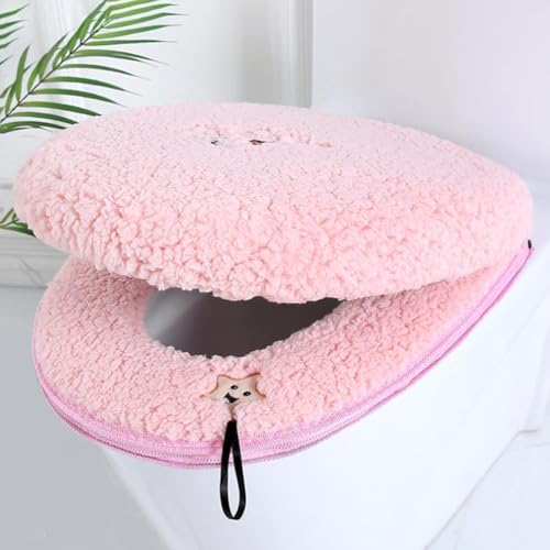 HICYOO Toilet Seat Warmer Cover & Toilet Lid Cover Pink Fuzzy Toilet Seat Covers for Bathroom with Zipper Handle Plush Thicker Washable