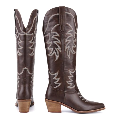 Women's Cowboy Boots Mid Calf Cowgirl Embroidered Stitched Western Boots Snip Toe Chunky Heel Pull On Fashion Tall Boots 6