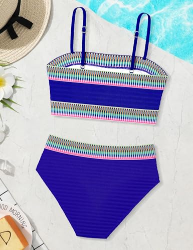 Image of DONWEN Girls Swimsuits V Neck Bikini Set Textured High Waist Girl Two Piece Bathing Suit