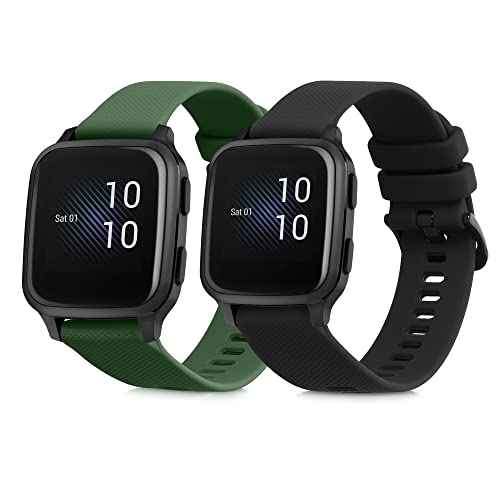 kwmobile 2x Straps for Garmin Venu Sq Music/Sq Watch Strap - Silicone Replacement Watch Strap Set - Replacement Bands Black/Dark Green