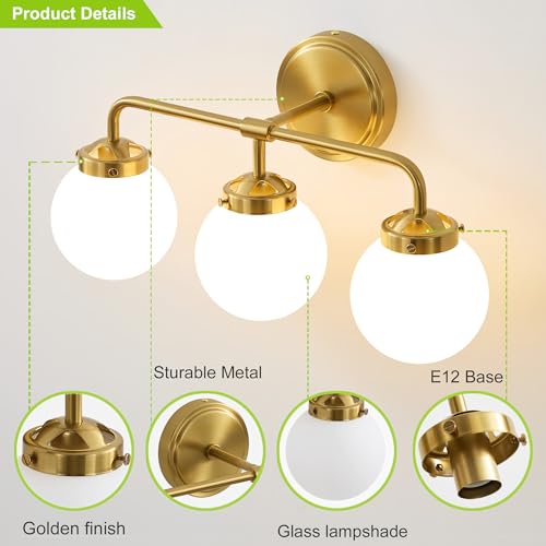 Image of Bathroom Light Fixtures 18.26in 3Light Brushed Gold Vanity Light for Mirror | Bathroom Lighting Fixtures over Mirror, ETL, Brushed Brass Wall Sconce, Dimmable E12 Base Max 60W, Milky Glass Ball Shades