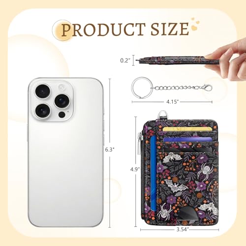 Image of Kelvoris Goth Bat Spider Credit Card Holder Small Wallet Women, Slim RFID | Keychain, Zipper Coin Pocket, Front Pocket Thin Travel Card Case, Minimalist, 6 Card Slots, 1 ID Window, Ladies Gifts Woman
