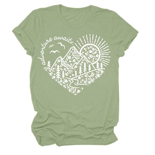 Xbemkste Women Adventure Awaits Outdoor Graphic Tee Shirt Gentilezza Cuore Stampato Escursione Montagna Natura Camicia Da Viaggio Allenamento Top Donna Tshirt, Verde, S