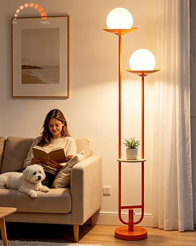 Image of Orange Dimmable Double Globe Floor Lamp with Shelf, 63 inch 2-Light Mid Century Modern Standing Lamp for Living Room Bedroom, 3000K Warm White Tall Pole Lamp with Foot Switch for Home Office
