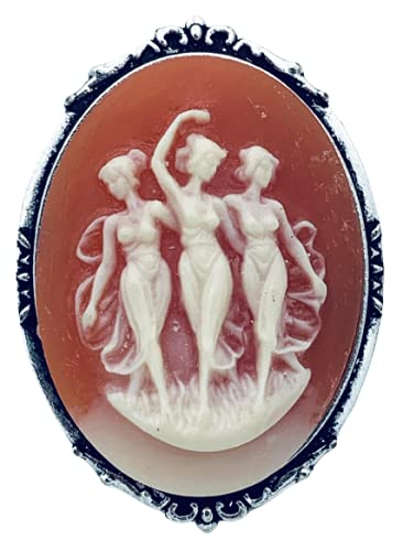 Coral and White Three Graces Cameo Brooch Resin Silvertone