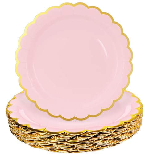 Image of HEIPINIUYE 50 Pieces Light Pink Paper Plates with Gold Foil 7 Inch Disposable Pink Scalloped Dinner Plates for Wedding Baby Shower Birthday Party Dessert Plate