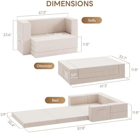 LIKIMIO Folding Sofa Bed, 3-in-1 Convertible Sleeper Sofa Bed with Armrest, Fold Out Floor Couch, Folding Couch for Living Room, Dorm, Home Office, Guest Room, Apartment, Beige