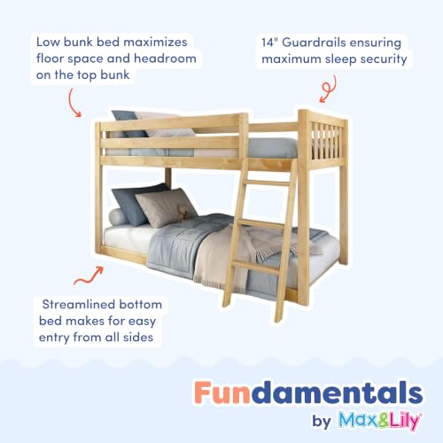 Image of Max & Lily Fundamental Twin Low Bunk Bed, Kids Solid Wood Modern Bed Frame with Strong Wooden Slats, Non-Toxic Finishes, High Weight Capacity, Natural