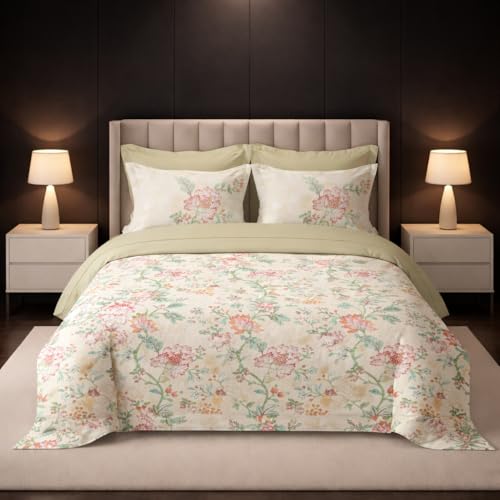 Image of LANE LINEN 100% Cotton Printed King Size Bedsheet - Red Green | OEKO-Tex Certified, 250TC, Fits King & Double Bed, Floral Print, Breathable & Wrinkle-Free, Includes 2 Pillow Covers