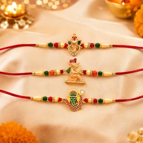 Image of Periapt Raksha Bandhan Rakhi Set for Brother | Pack of 3 Lord Ganesha Ji Designer Rakhis | Religious Rakhi Combo with Shubh Labh Coin and Greeting Card