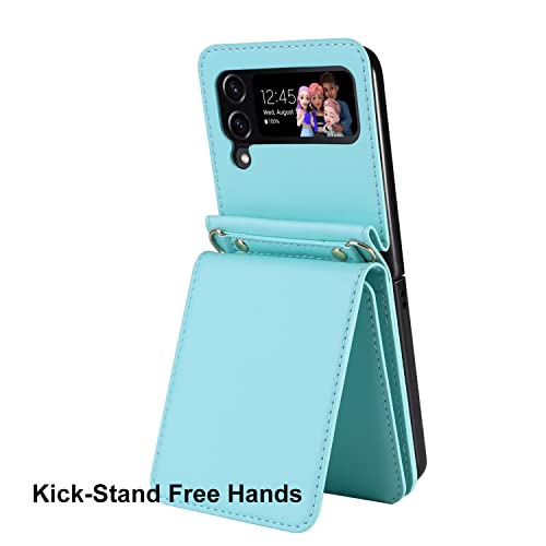 Ksridote For Samsung Galaxy Z Flip 4 Case With Card Holder Strap Lanyard, Samsung Z Flip 4 Case Wallet Galaxy Z Flip 4 Wallet Phone Case Crossbody Phone Case Cover Purse For Women, Mint Green #TOP3