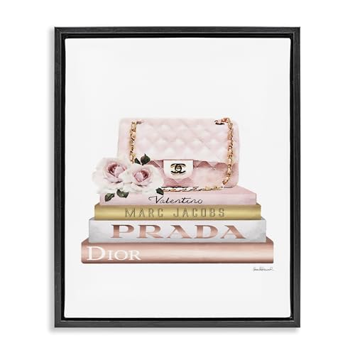 Image of Stupell Industries 'Pink Purse Gold Bookstack'| Floating Frame Canvas Art | Stupell Industries | Black, 17 x 21 Inches, Easy to Hang and Sturdy, Made in USA, by Amanda Greenwood