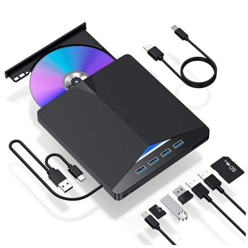 Gravador Externo DVD USB 3.0, Leitor CD/DVD Portátil com Hub USB 7 em 1, Compatível com Windows, Preto