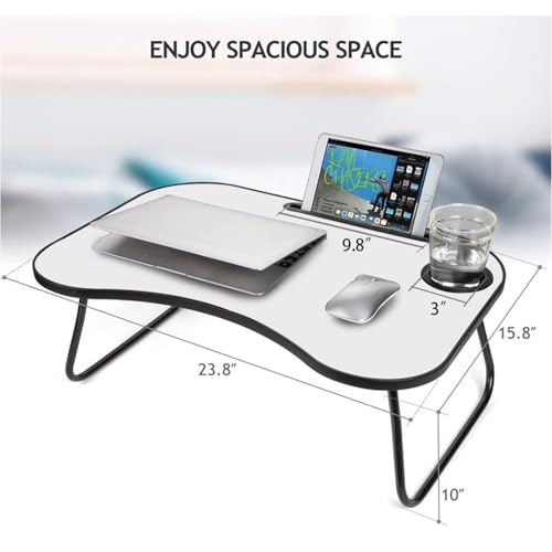 Foldable Laptop Desk with Cup Holder, Gray & White, 26.5 Inch Work Surface, Metal and Wood Construction, 26.5 Inch Work Surface, for Bed and Couch, Designed for Everyday Home Setup - Image 4