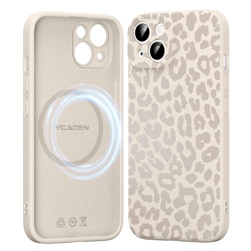 Saqmkil Handyhülle Magnetische für iPhone 15 6 1 Hülle Leopard Muster Aesthetic Mädchen Case Kompatibel mit MagSafe Weich Flüssigem Silikon TPU Bumper Stoßfeste Kratzfest Schutzhülle Cover Beige