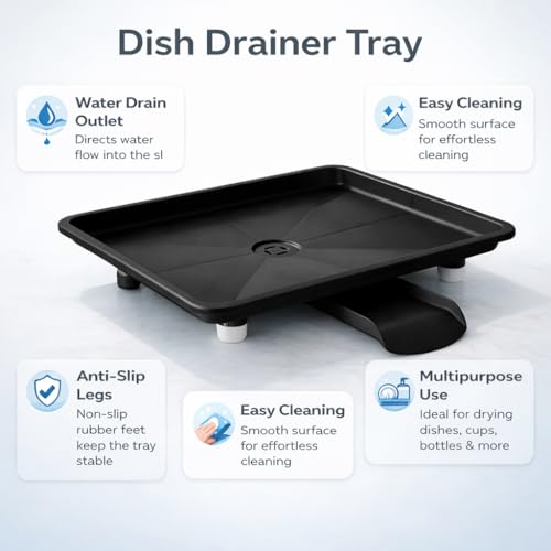 Image of AURAM Dish Drainer Tray Black - Kitchen Sink Drain Board - Water Drip Tray for Drying Utensils - Durable Plastic Dish Drying Base - Anti-Slip, Easy Clean, Large Capacity