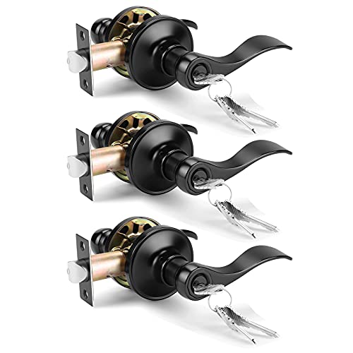 Image of Gobrico 3 Pack Matte Black Lockable Door Handle Levers, Keyed Alike Drop Style Door Handle, Exterior Interior Using