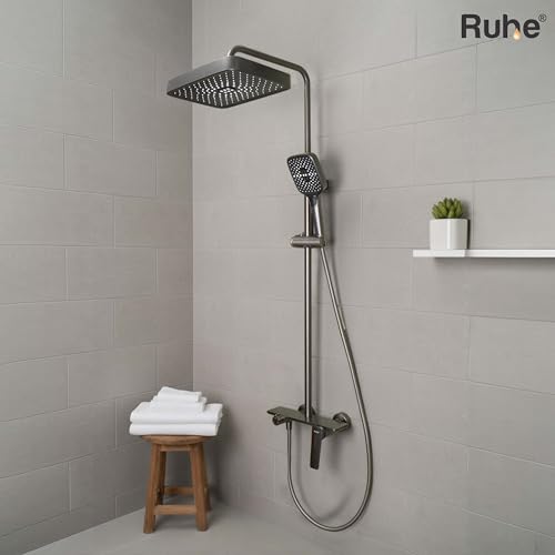 Image of Ruhe Rain Smart Shower Panel Set, Triple Flow Functions, Wall-Mount Matte Finish | Adjustable Height Shower Panel | Includes Overhead Shower, Triple Flow Hand Shower with Installation Accessories