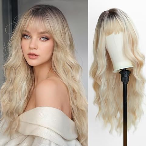 TOPHR Long Ombre Blonde Wig with Bangs 26 Inch Natural Wavy Heat Resistant Fiber Synthetic Wigs for Women Daily or Party Wear Cover