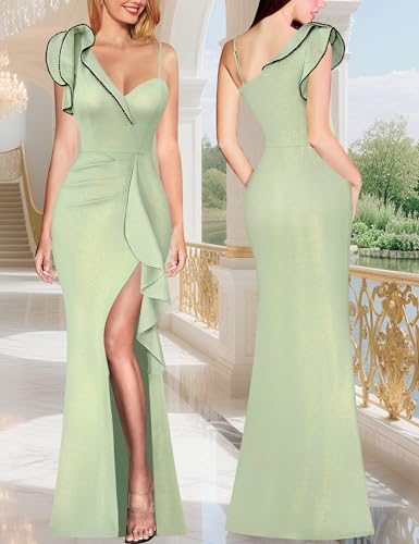 Image of VFSHOW Womens Formal Prom Elegant Ruffle One Shoulder Beaded Strap Ruched Slit Maxi Dress Wedding Evening Long Gown