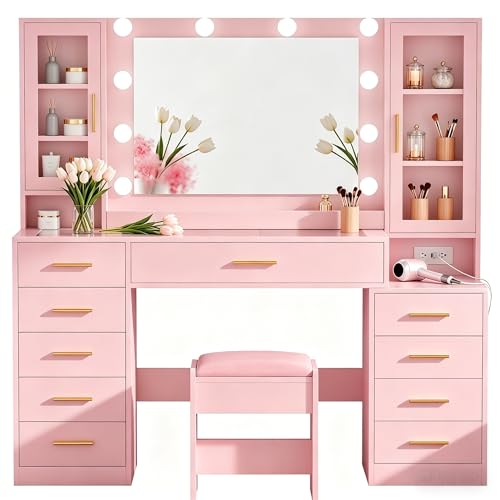 TWIZOLL Vanity Desk with Lighted Mirror Glass Top Power Outlet 11 Drawers 6 Shelves Stool Included White (Pink)