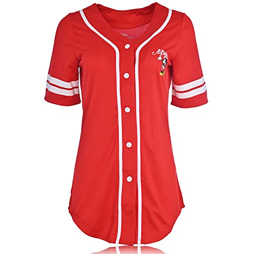 Disney Ladies Mickey Mouse Fashion Shirt - Ladies Classic Mickey Mouse Clothing Mickey Mouse Baseball Jersey Tee (Red Baseball, Small)