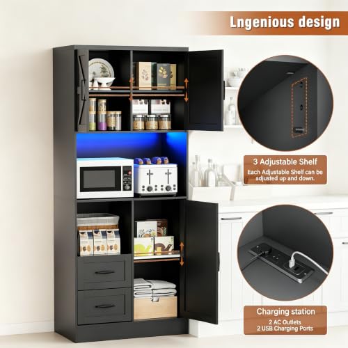 Image of 67.72 inch Tall Kitchen Pantry Cabinet with LED Light & Charging Station, Modern Kitchen Hutch with Microwave Stand, Countertop, Doors & Adjustable Storage Shelves, Black