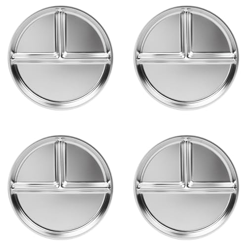 Jushenpoer Platos de Acero Inoxidable para Niños, 4 Paquetes, de Control de Porciones de 9 Pulgadas, Platos Divididos para Adultos, Bariátrico, Pérdida de Peso, Diabético
