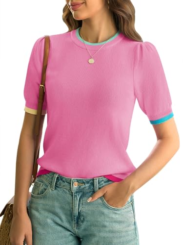 Yousify Womens Puff Short Sleeve Sweater Top Summer Trendy Crew Neck Casual T Shirts Blouses4
