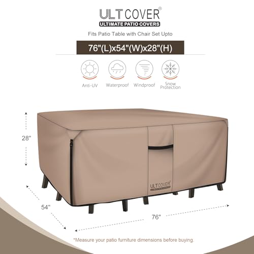 Image of ULTCOVER Rectangular Patio Heavy Duty Table Cover - 600D Tough Canvas Waterproof Outdoor Dining Table and Chairs General Purpose Furniture Cover Size 76L x 54W x 28H inch