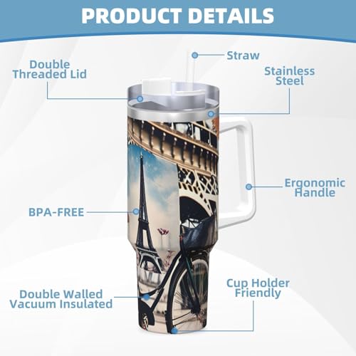 WOPQS Romantischer Paris Eiffelturm Fahrrad 1,2 l Ice Bully mit Griff, Edelstahl, wiederverwendbar, isoliert, für den täglichen Gebrauch im Haushalt