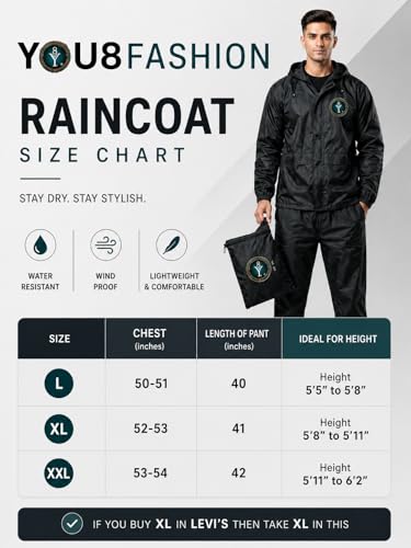 Image of Men Solid Black Waterproof Raincoat Set with Hood | Nylon Blend Jacket and Pants for Rainy Days | Regular Fit