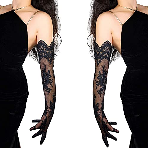 DooWay Women Long Wedding Gloves Lace Sheer Organza Embroidered Floral Opera Evening Prom Party Black White 25" 62cm