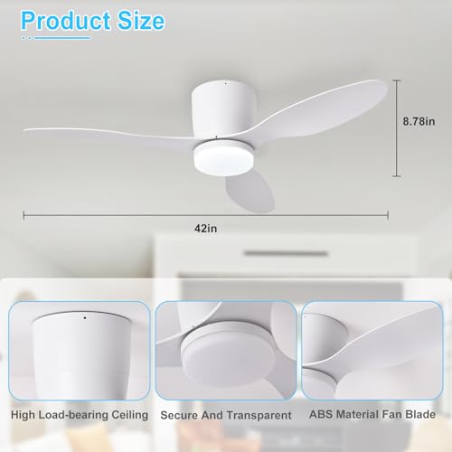 Image of Depuley Flush Mount Ceiling Fan: 42-Inch White Ceiling Fans with Lights for Bedroom Indoor Outdoor - Low Profile Ceiling Fans with Remote Control 24W 3CCT Dimmable 3 Reversible White Blades 6 Speeds