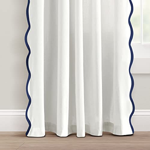 Image of Lush Decor Coastal Chic Scalloped Edge Light Filtering Window Curtain Panels Pair, 52 inch W x 84 inch L, Navy & White - White Curtains for Living Room - Coastal Decor (Pack of 8)