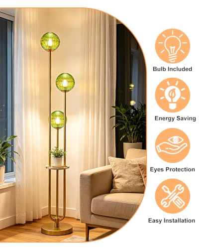 Image of Lightdot Green Glass Floor Lamp with Shelf 63IN Dimmable Mid Century Modern Gold Standing Lamps 3000K Bulbs Included Globe Floor Lamp with 5Lbs Heavy Base for Living Room /Wedding /Sofa Beside /Corner