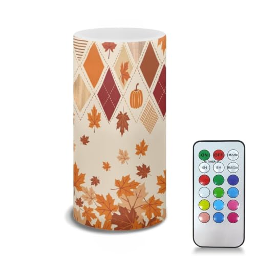 Image of Poceacles Fall Decoration LED Flameless Candles Battery Operated Candles with Remote Control Timer Flickering Wick Pillar Tealight for Home Outdoor Autumn Decor, Fall Maple Leaf Beige