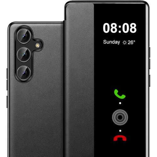 Funda para Samsung Galaxy A55 5G, funda S View, Clear View Flip piel, antigolpes, resistente a los arañazos, funda transparente S View para Samsung A55 funda (negro, Samsung Galaxy A55)