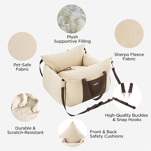 Lesure Hundesitz Auto kleine Hunde - wasserdichter und waschbarer Hunde Autositz mit Aufbewahrungstaschen, ansteckbarer Sicherheitsleine und verdickter Memory-Schaum-Füllung, 58x56x33cm, Beige