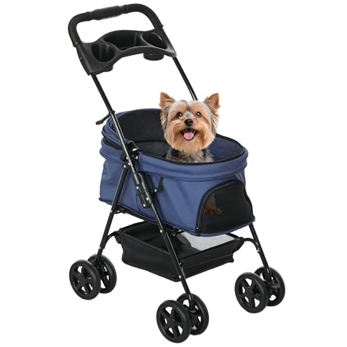 PawHut Cochecito para Perros Plegable Carrito para Perros Pequeños con Ruedas Universales Cesta de Almacenaje Correas de Seguridad y Ventana 67x45x96 cm Azul Oscuro