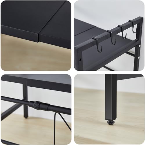 2-Tier Expandable Microwave Oven Rack, Telescopic Kitchen Counter Storage Organizer with 6 Hooks, Free Standing Adjustable Spice Rack, Heavy Duty Microwave Stand Baker's Rack Pot & Pan Rack - Image 6