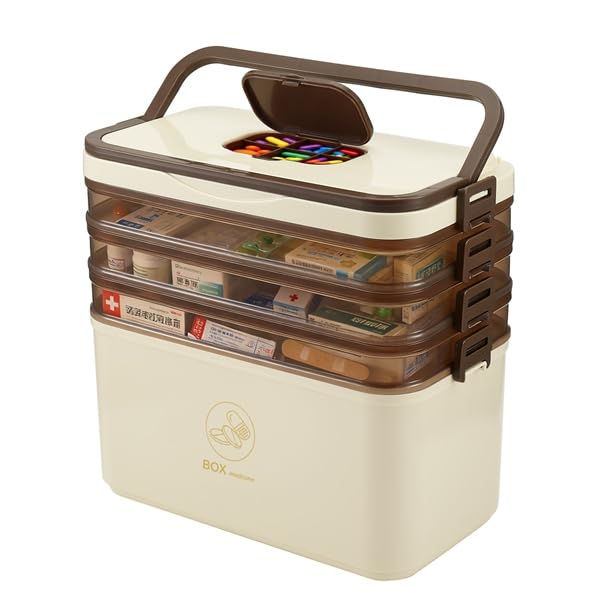 FEETER 4 Layer Medicine Storage Box,Household Medicine Container Box Organiser with Handle, Box,Portable with Lid Medication Storage Box Medicine Cabinet for Home,School (coffee)