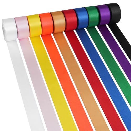 LIUYAXI 1 Inch Rainbow Ribbon Double Faced Stain Ribbon Solid Color Assorted Fabric Ribbon for Crafts Gift Wrapping Hair Bows Wedding Party Decor Floral Arrangement - 10 Rolls Total 100 Yards
