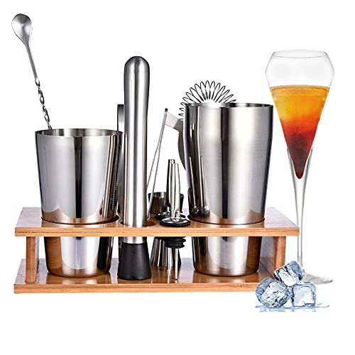 Juego de coctelera de acero inoxidable, juego de coctelera de 11 piezas con mejor soporte de bambú, vaso medidor y cuchara de bar, 800/600 ml, juego de regalo para el hogar o el bar Cover