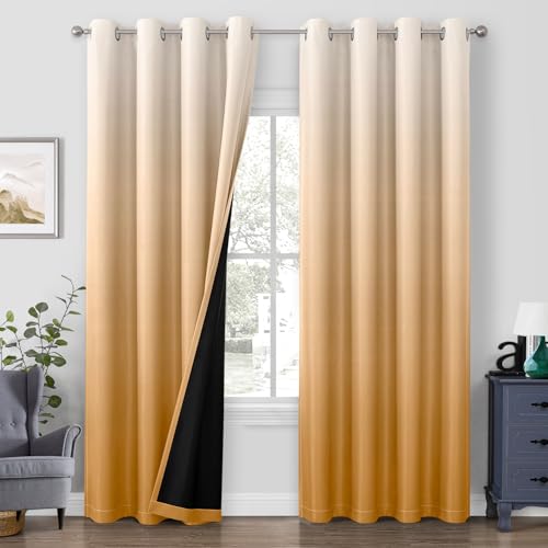 HOMEIDEAS Ombre 100% Blackout Gold Curtains 52W x 84L 2 Panels