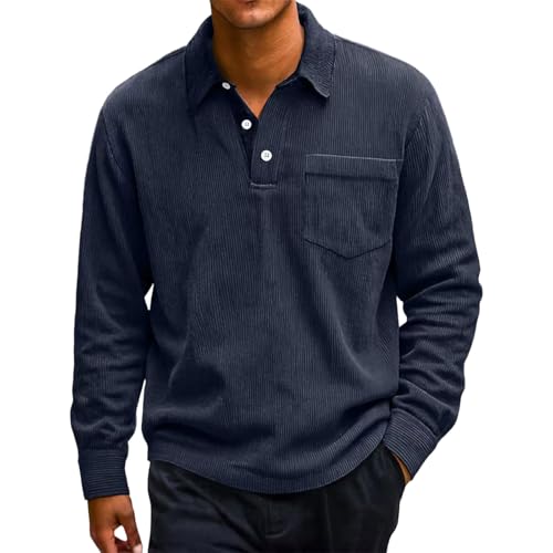 Rugby Shirts for Men Corduroy Shirt Men Long Sleeve Pocket Collared Polo Sweatshirts Fall Winter Warm Quarter Button Up Rugby Work Shirts Dark Blue L